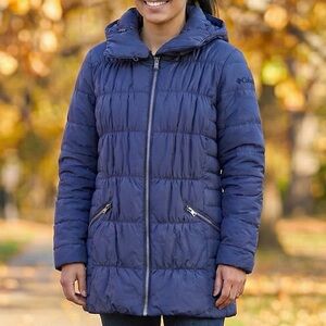 Columbia Thermal Coil Puffer Jacket Navy Blue Ruched Hooded Winter Coat EUC Sz M